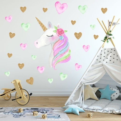 Unicorn Hearts Stars Wall Stickers Girls Bedroom Decals 64 Hearts & Stars New